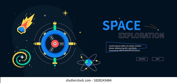 Exploración espacial - colorido banner de diseño plano estilo web sobre fondo negro con lugar para texto. Una ilustración con una estación cósmica, un meteorito, un universo, imágenes en órbita. Galaxia y idea astronómica