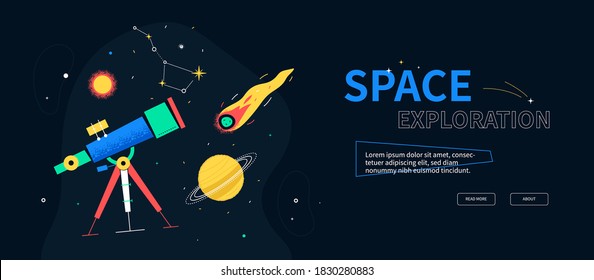 Weltraumforschung - bunter Webbanner im flachen Design auf schwarzem Hintergrund mit Platz für Text. Eine Illustration mit Teleskop, Komet, Sternbild, Sonne, Saturn-Planet. Galaxie, Astronomie-Idee