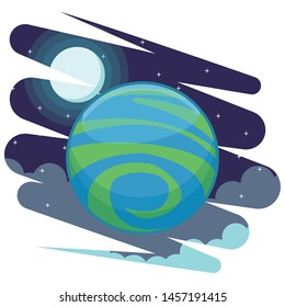 space exploration colorful planet with the moon and clouds with a starry sky icon cartoon vector illustration graphic design