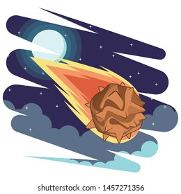 space exploration comet with the moon and clouds with a starry sky icon cartoon vector illustration graphic design
