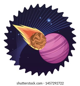 space exploration comet and planet with space lanscape with stars and lines in round icon icon cartoon vector illustration graphic design