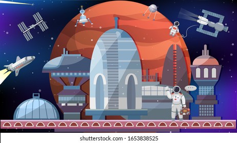 Space exploration and commercial flights tours cosmic tourism concept. Spaceport of future cartoon vector illustration. Spaceships, launching pad, astronauts, satellites, planet.