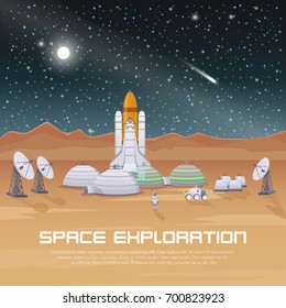 Space exploration composition with spaceship startup and equipment for scientific research on starry sky background flat vector illustration