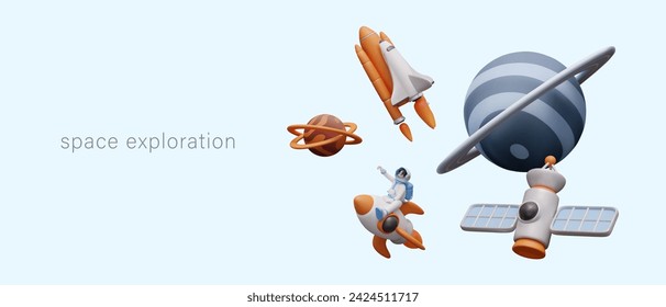 Space exploration concept. Astronaut rides on rocket, satellite revolves around planet