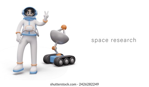 Space exploration concept. Astronaut in spacesuit stands next to rover and shows two fingers