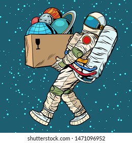 space exploration concept. astronaut takes the planet in a box. Pop art retro vector stock illustration drawing