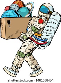 space exploration concept. astronaut takes the planet in a box. Pop art retro vector stock illustration drawing