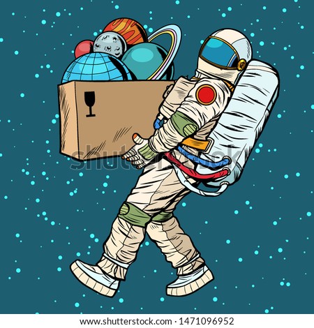 space exploration concept. astronaut takes the planet in a box. Pop art retro vector stock illustration drawing