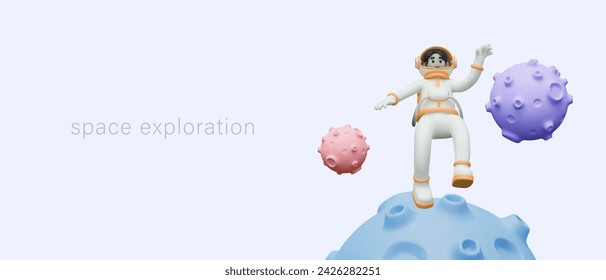Space exploration concept in cute style. Male character in spacesuit flies in zero gravity