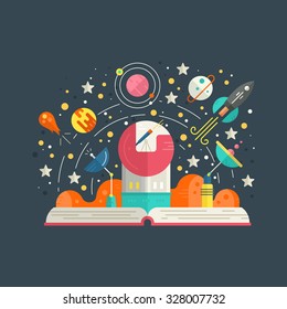 Space exploration concept - open book with solar system elements, including rocket, meteor, planets, stars. Imagination concept made in flat style vector.