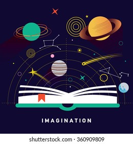 Space exploration concept - open book with solar system elements, including rocket, meteor, planets, stars. Imagination concept made in flat style vector. Book on astronomy