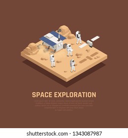 Space exploration concept with planet sufrace research symbols isometric vector illustration