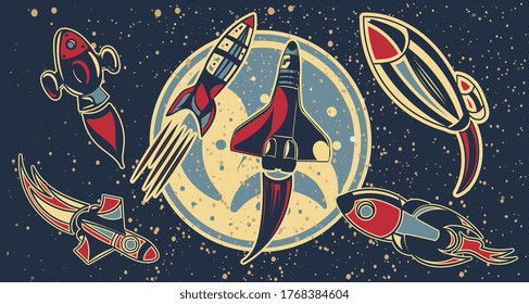 Space exploration concept with rockets zooming around a plant or the moon in a starry sky, colored vector illustration