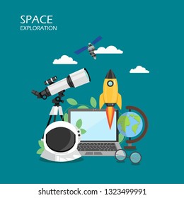 Space exploration concept vector flat illustration. Telescope, satellite, rocket, astronaut helmet, globe and laptop. Astronomy science, space technology poster banner.