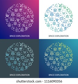 Space Exploration concepts set. Design template with thin line icons on theme solar system, rockets, planets and aliens. Vector illustration