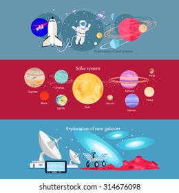 Space exploration cosmic industry. Galaxy and solar system, space science, universe and astronomy, discovery and travel of spacecraft, shuttle equipment, astronaut or spaceman explorer illustration