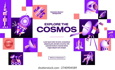 Space Exploration Creative Layout with Rocket, Astronaut and Satellite Elements - Modern Astronomy Vector Illustration