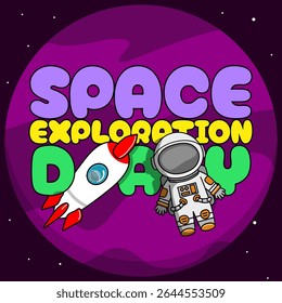 Space Exploration Day to celebrate on July 20th. Illustration of an astronaut with a spaceship and bold text on purple planet space background. Science event banner.