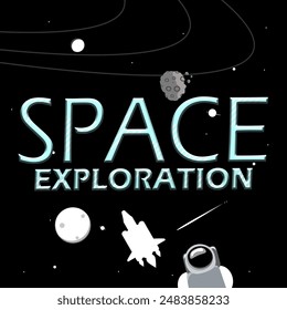 Space Exploration Day event banner. Bold text with illustrations of spaceship, asteroid, astronaut, moon and stars to celebrate on July 20th