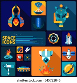 Space exploration decorative icons flat set with alien rockers telescope asteroid isolated vector illustration