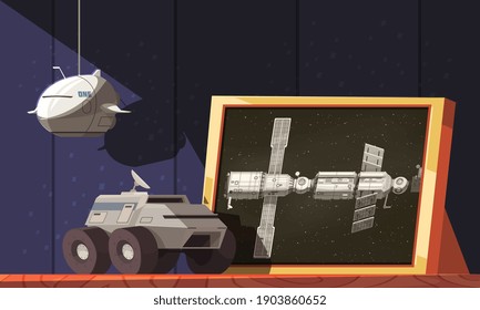 Space exploration design concept with equipment for scientific research including space rover and spaceship cartoon vector illustration