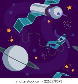 Space exploration and discoveries in universe and galaxies. Cosmonaut floating among stars and planets, celestial bodies. Satellite with astronaut in protective costume. Vector in flat style