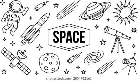 Space Exploration Doodle Icons Collection with Astronaut Rocket Planet and Telescope