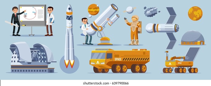 Space exploration elements collection with astronomer scientists astronaut rocket telescope planets cosmic vehicles station planetarium satellite isolated vector illustration