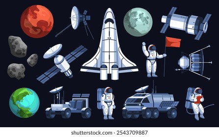 Space exploration elements. Special cosmos equipment, astronauts in spacesuits, discovery transport, rockets, moon rovers, planet and meteorite, cosmonaut travel tidy vector flat isolated set