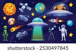 Space exploration elements with UFO, planets, rocket, and an astronaut. Vector cartoon illustration