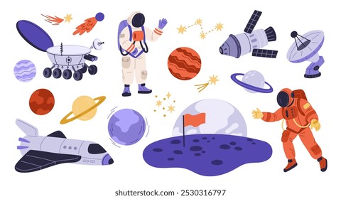 Space exploration elements. Universe adventures objects. Moon rover. Astronomer scientists in spacesuits. Satellite and rockets. Galaxy planets discovery. Cosmic shuttle