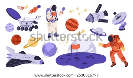 Space exploration elements. Universe adventures objects. Moon rover. Astronomer scientists in spacesuits. Satellite and rockets. Galaxy planets discovery. Cosmic shuttle