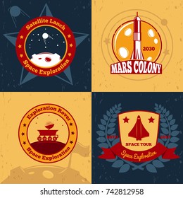 Space exploration emblems color 2x2 design concept with flat symbols and images of space systems and transport vector illustration