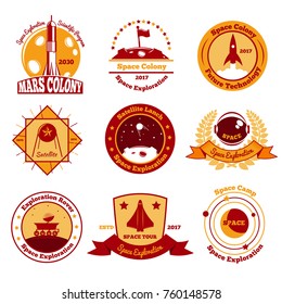 Space exploration emblems color set of isolated outer space adventure images with rockets and text captions vector illustration