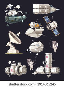 Equipo de exploración espacial conjunto de equipos de radiotelescopio de naves espaciales de estaciones espaciales internacionales ilustraciones vectoriales aisladas