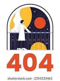 Space exploration error 404 flash message. Woman looking on universe through window. Empty state ui design. Page not found popup cartoon image. Vector flat illustration concept on white background