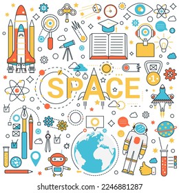 Space exploration expedition. Astronomy science, spaceship craft, solar system discovery vector illustration on light background