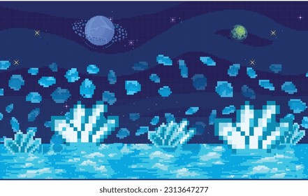 Space exploration, fantasy alien landscape. Cartoon pixel art background. Fantastic galaxy cosmic banner. Another planet concept. Universe of spherical star objects. Pixelated location for game