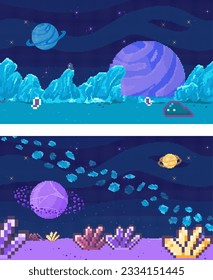 Space exploration, fantasy alien landscape. Cartoon pixel art background. Fantastic galaxy cosmic banner. Another planet concept. Universe of spherical star objects. Pixelated location for game