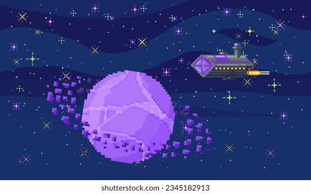 Space exploration fantasy alien landscape. Cartoon pixel art background. Fantastic cosmic galaxy with spaceship. Another planet concept. Universe of spherical star objects. Pixelated location for game