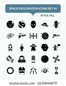 Space Exploration Fill Icons Set – Vector Illustrations of Rockets, Astronauts, Planets, and Space Technology