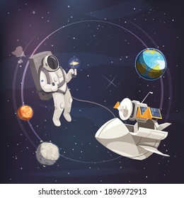 Space exploration flat background spaceship on earth orbit and astronaut in open space vector illustration