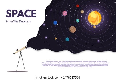 Space exploration flat banner vector template. Astronomy, cosmology studies, stars observation. Observatory, planetarium advertisement poster. Telescope and solar system illustration with text space