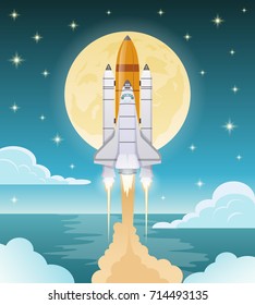 Space exploration flat composition with shuttle launch on blue background with glowing moon and stars vector illustration