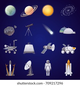 Space exploration flat icons set  lunar rover artificial satellite astronaut comet spaceship isolated vector illustration