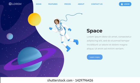 Space exploration flat landing page template. Female cosmonaut in outer space, astronaut floating in cosmos zero gravity vector character. Interstellar travel, adventure, journey creative web banner