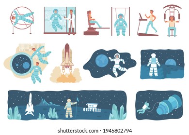 Space Exploration Flat Set Of Cosmonaut Training Rocket Start Astronauts In Cosmos Isolated Icons Cartoon Vector Illustration