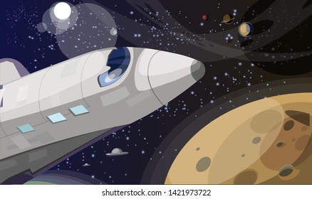 Space exploration flat vector illustration. Shuttle in space cartoon image. Interstellar travel, zero gravity.