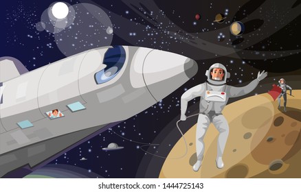 Space exploration flat vector illustration. Happy men and woman in space cartoon characters. Interstellar travel, zero gravity. Smiling astronauts in space suits, woman looking through porthole