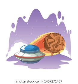 space exploration flying saucer and comet with water colorful background icon cartoon vector illustration graphic design